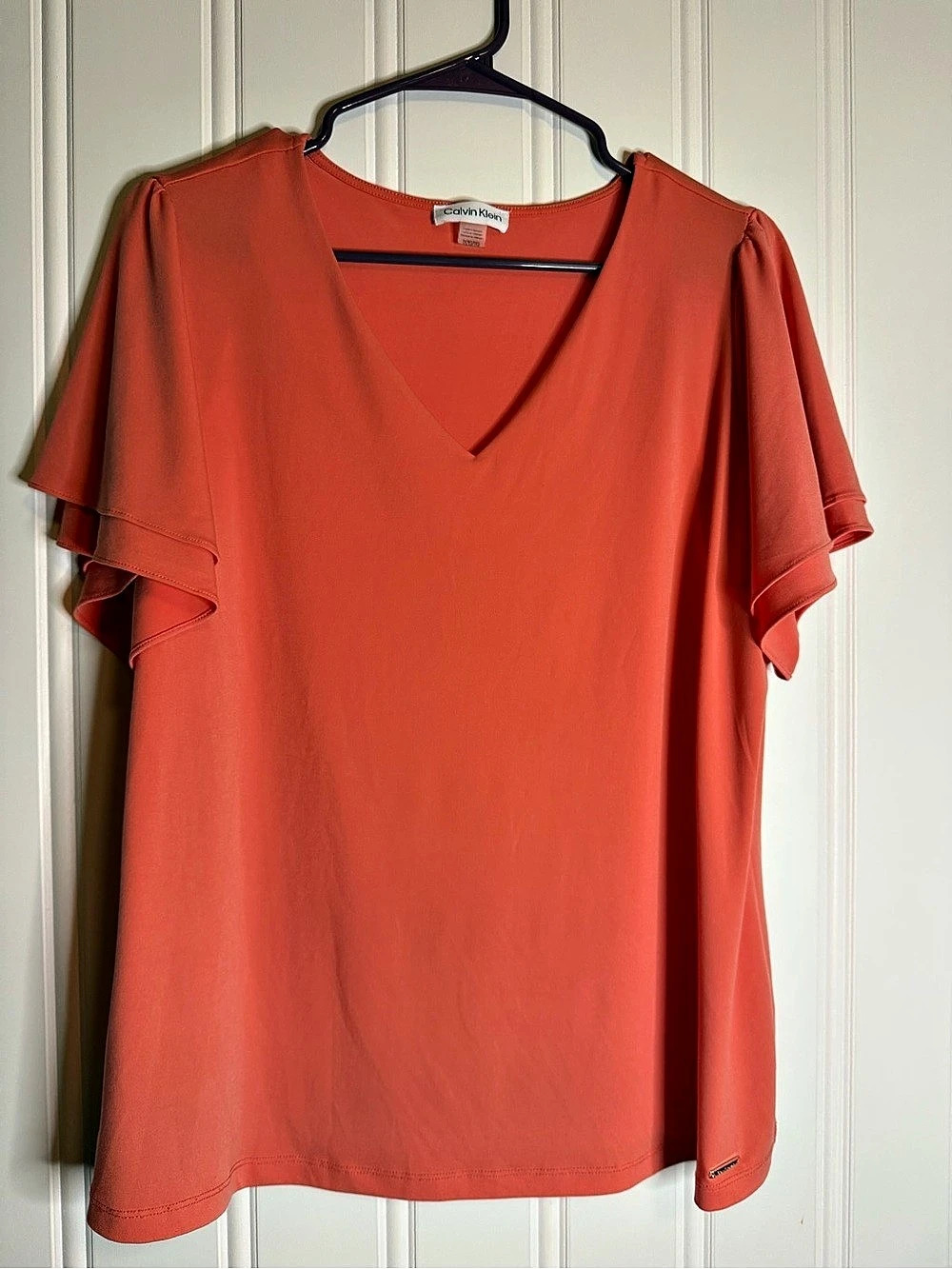Calvin Klein Solid V-Neck Flutter-Sleeve Top Orange XL